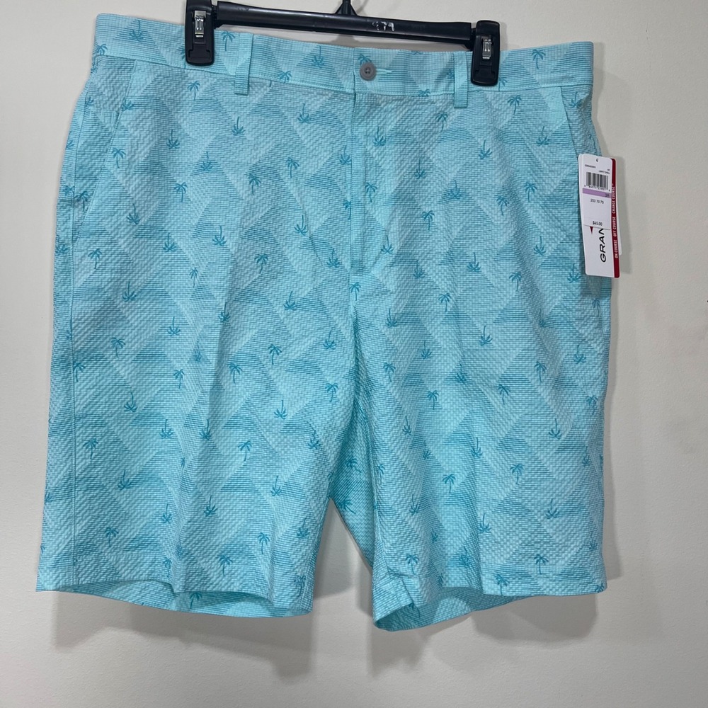 Grand Slam Mens Palm Tree Golf Shorts Blue Limpet Shell Active PGA Tour NWT A6